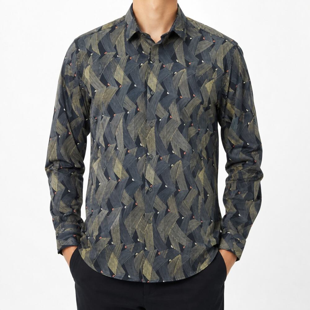 Rare Rabbit Shirt Mens 2XL Black Blue Geometric Long Sleeve Classic Button